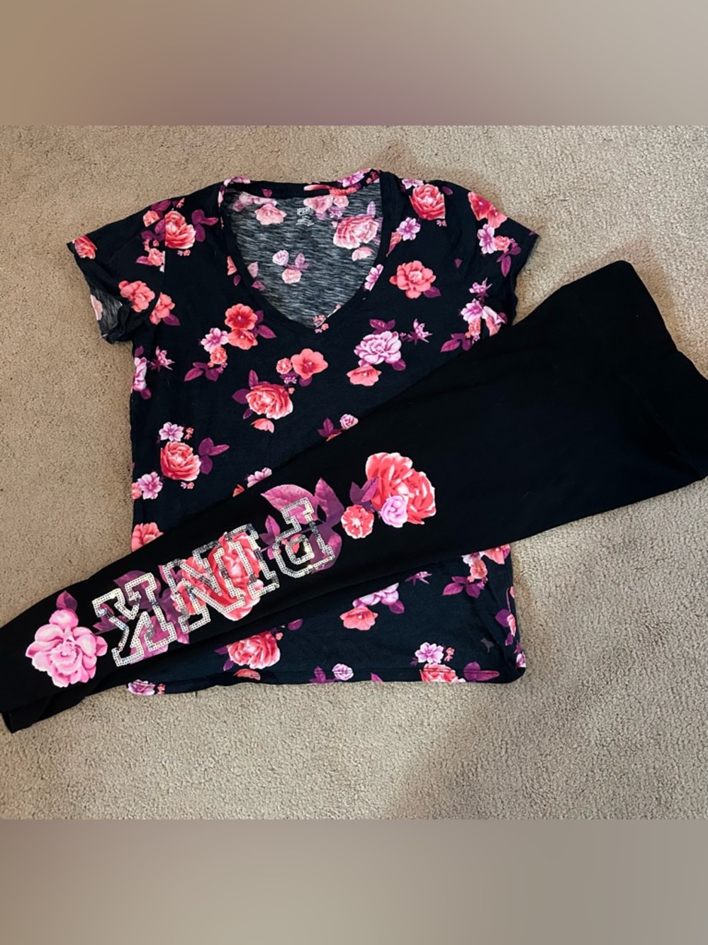 VS Pink Black Floral Bling Outfit S/M